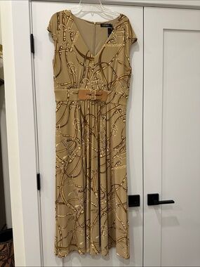 Lauren Ralph Lauren Beige & Tan Printed Belted Midi Dress